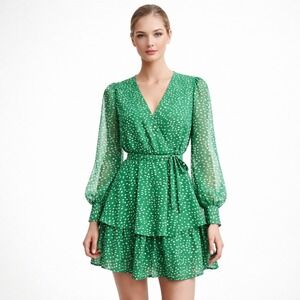 Japna Green Polka Dot Tiered Mini Dress | Size M | Boho Romantic Chic